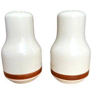 Vtg WOODHAVEN COLLECTION Salt and Pepper Shakers Stoneware Brown Band Japan EUC